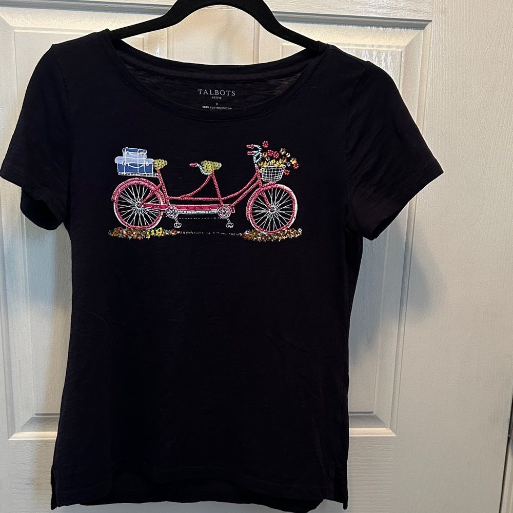 Talbots Black Tee with Pink Beaded Bicycle Design 100% Cotton Size Petite
